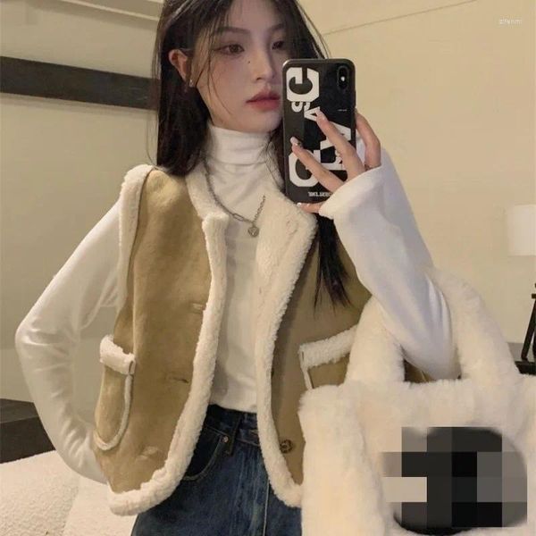 Kadın Yelekleri Deeptown Vintage kış mahsulü sıcak kürk yelek büyük boy şık ve zarif kolsuz ceket Kore moda sahte deri yelek