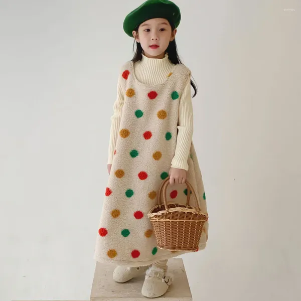 Mädchen Kleider 2023 Koreanischen Winter Kinder Mädchen Woolen Kleid Baumwolle Fleece Warme Kinder Sommerkleid Mutilcolor Dot Ärmel