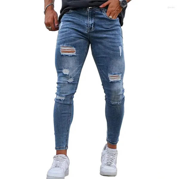 Мужские джинсы, Прямая поставка, индивидуальный логотип, рваные джинсы высокого качества для мужчин, узкие джинсовые брюки, мужская уличная одежда