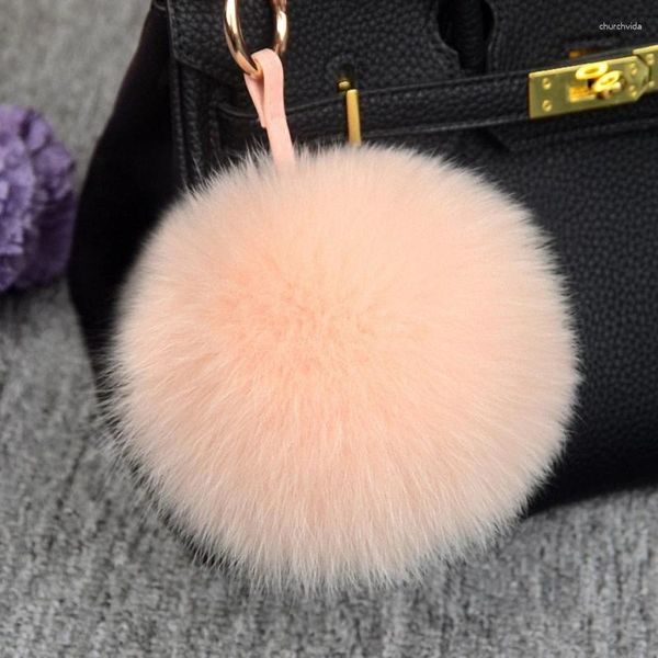 Chaveiros 11cm luxo fofo bola de pele real pompom 12 cores genuíno chaveiro anel de metal pingente saco charme K045-peach