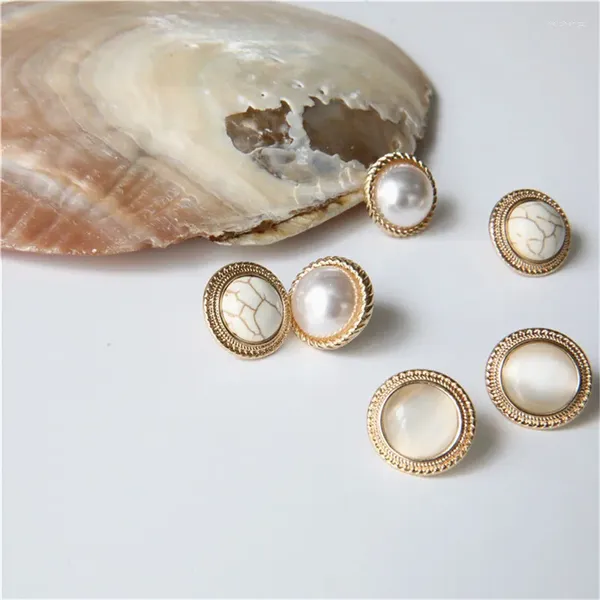 Orecchini a bottone vintage rotondi in marmo opale pietra grandi donne moda temperamento oro cerchio orecchio gioielli di perle