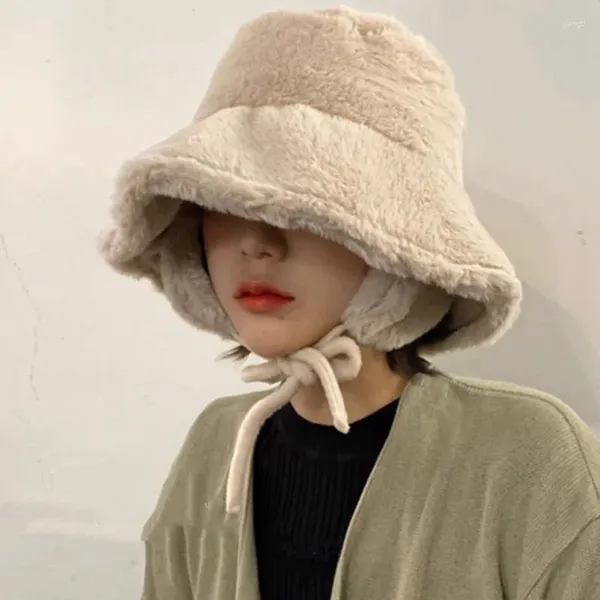 Berets coreano proteção de orelha balde chapéus para mulheres inverno viagem versátil quente retro cor sólida pelúcia earmuffs panamá