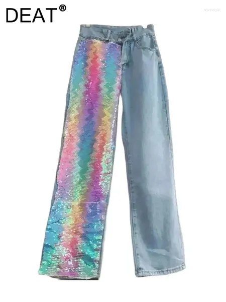 Calças de brim femininas cintura alta colorido lantejoulas design solto comprimento total em linha reta perna larga calças jeans 2023 moda inverno