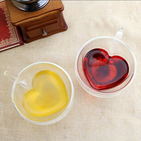 Tazze da caffè in vetro a doppia parete da 180 ml 240 ml Tazze da tè al latte a forma di cuore trasparente con manico Regali romantici FMT2086