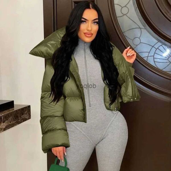 Pele feminina pele sintética moda inverno cachecol gola com zíper jaquetas puffer bege kahki bolha casacos casuais feminino 2023 high street outerwear curto parkaL231212