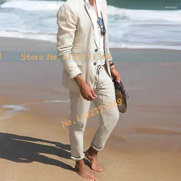 Ternos masculinos clássico bege linho para homem conjunto de verão noivo padrinhos casamento praia smoking moda sob medida casual blazer calças 2 pçs