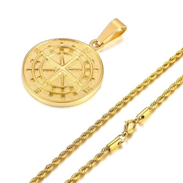 Collane con bussola da uomo color oro, medaglia di ancoraggio della stella polare vichinga vintage, ciondolo in oro giallo 14k per fidanzato papà maschio 3935