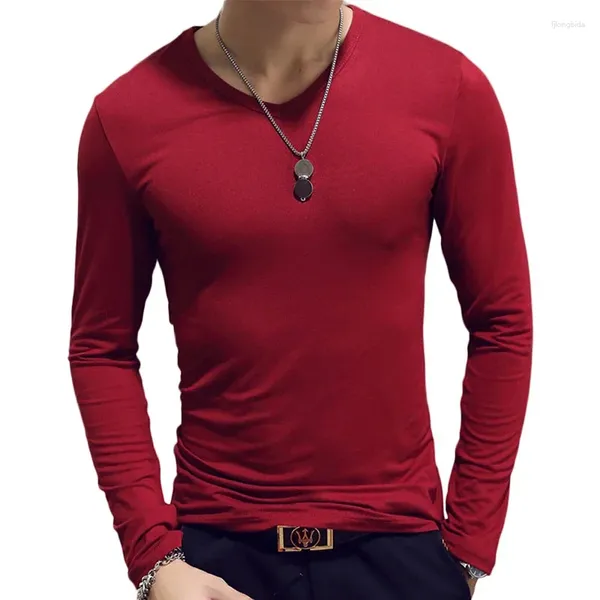 Мужские костюмы B8656, мужская футболка с круглым вырезом и v-образным вырезом, длинным рукавом, однотонные футболки из молочного шелка, мужская одежда, универсальный тонкий топ