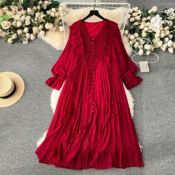 Casual Kleider Clothland Frauen Süße Chiffon Kleid Rüschen Einreiher Langarm Candy Farbe Weibliche Nette Midi Vestido QD278