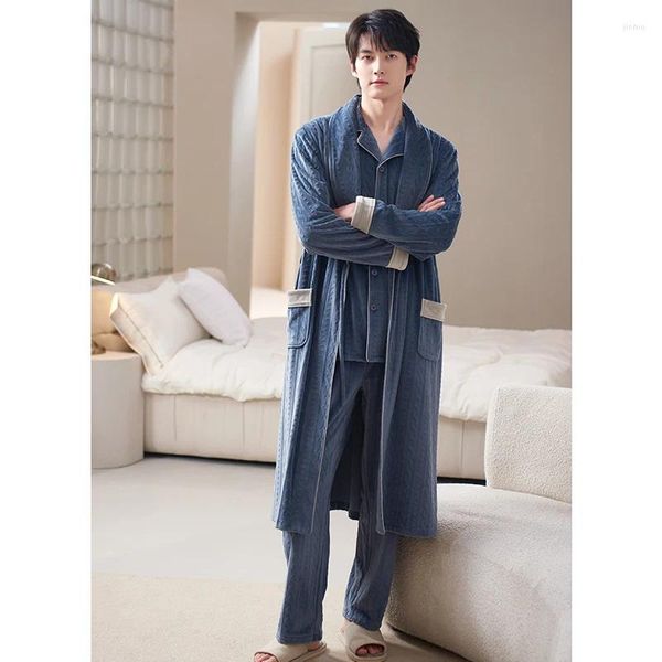 Erkekler Placowear v-yaka peluş robe kemer bornozbutton uzun kollu pijama setleri cep termal sıcak üç parçalı ev takım elbise kış