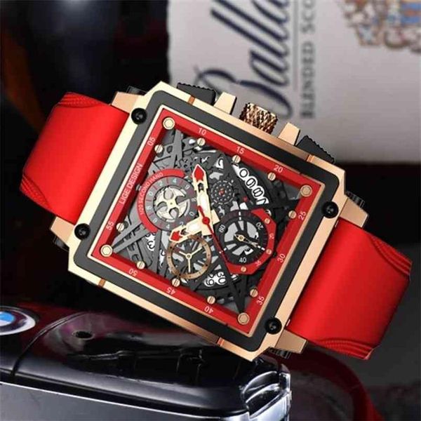 Top-Marke, rechteckige Uhren für Herren, Herrenuhr, Quarz, modisch, luxuriös, Sport, wasserdicht, Chronograph, Silikonuhr 210624236O