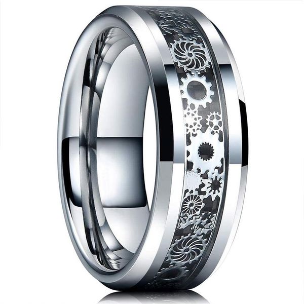 Roda de engrenagem cor prata vintage anéis masculinos de aço inoxidável dragão celta preto anel de fibra de carbono incrustado masculino casamento band2056