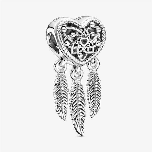 Novo 925 prata esterlina a céu aberto coração três penas dreamcatcher charme caber original europeu charme pulseira moda jóias ac253r