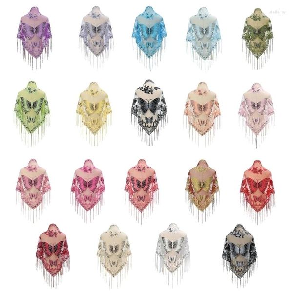 Schals, formelle Tücher und Wickel für Abendkleider, mit Schmetterlingen bestickter Schal, Spitzenschal, transparent mit Fransen