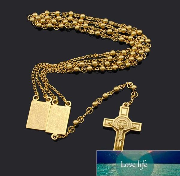 Collane con ciondolo Perle di rosario placcato oro 18 carati Pezzo di Gesù Croce Collana religiosa in acciaio inossidabile Collana da donna per uomo BRN19834912