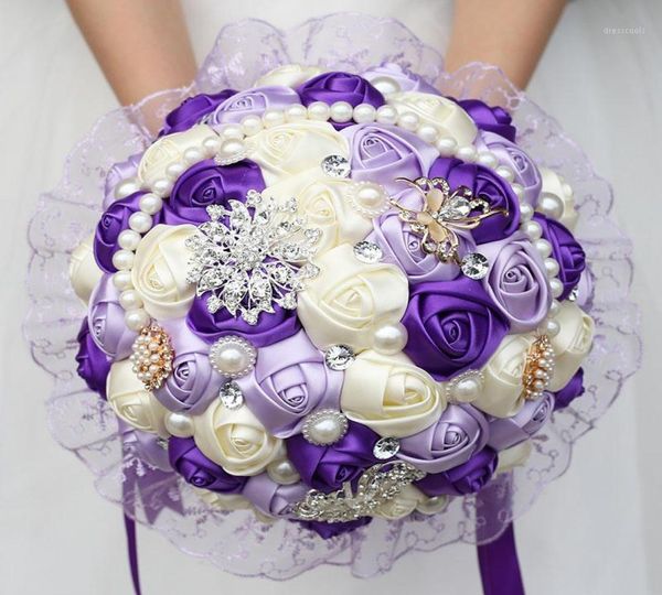 Grande bouquet da sposa viola perla damigella d'onore fiori artificiali Buque De Noiva bouquet di diamanti regalo di matrimonio W28018266367
