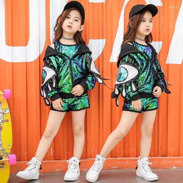 Bühnenkleidung Mode Pailletten Kinder Mädchen Jazz Dance Kostüm Hip Hop Street Dance Kleidung Jacke Weste Hosen Anzug Kinder Leistung Kleidung