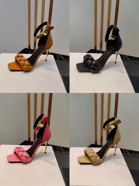 Hochwertige neueste Damenmode mit einem Riemen, moderne Hauptsandalen der Marke, Luxus-Twist-Metall-dünne High-Heels, sexy Pumps aus echtem Leder, Knöchelschnallenriemen, Stiletto