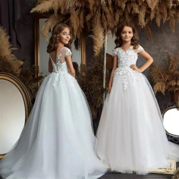 Vestidos de menina flor vestido branco fofo tule applique o-pescoço casamento elegante criança primeira comunhão festa de aniversário