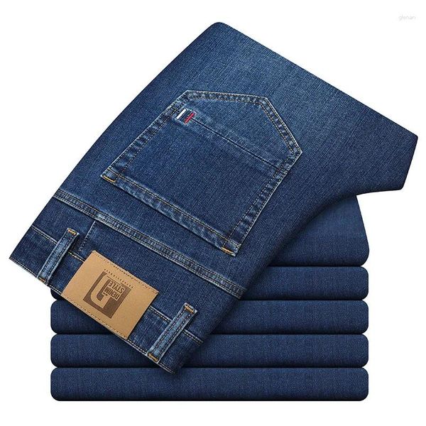 Jeans da uomo Stile classico BusinessStretch Regular Fit 2023 Autunno Tessuto di lana di pecora Pantaloni in denim blu grigio Pantaloni di marca maschile