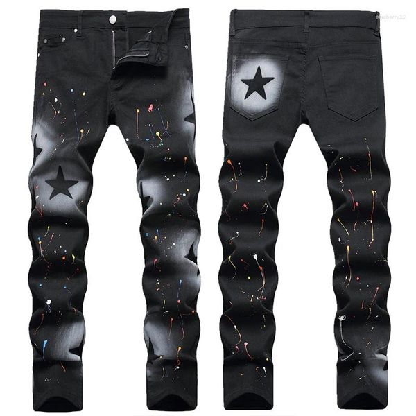 Herrenjeans Herren Schwarz Farbige Farbe Stretch High Street Star Print Slim Elastic Skinny Denim Hosen Bleistift