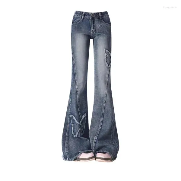 Calças de brim femininas cintura baixa flare para mulher streetwear estética emenda borboleta vintage lavado denim calças femininas ropa de mujer