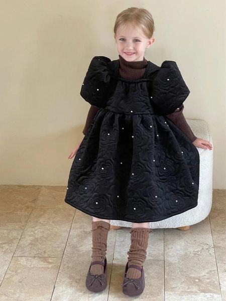 Vestidos de menina mel cereja inverno meninas artesanal pérola manga bolha engrossado vestido de princesa moda preto de manga curta pescoço quadrado