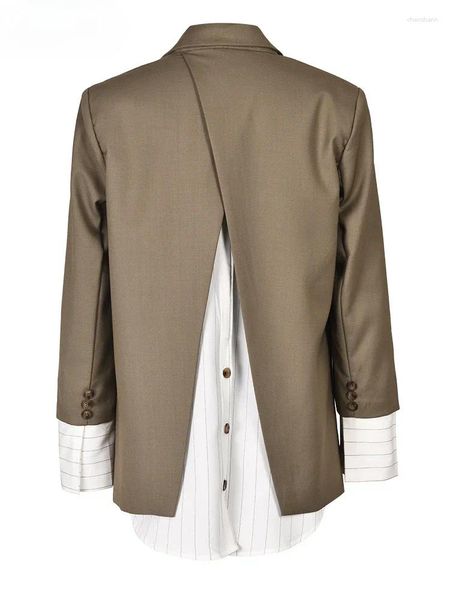 Damenanzüge, Khaki-Rückseite, gestreift, Blazer, Damen, große Größe, lässig, Revers, lange Ärmel, lockere Passform, Jacke, Mode, Frühling und Herbst