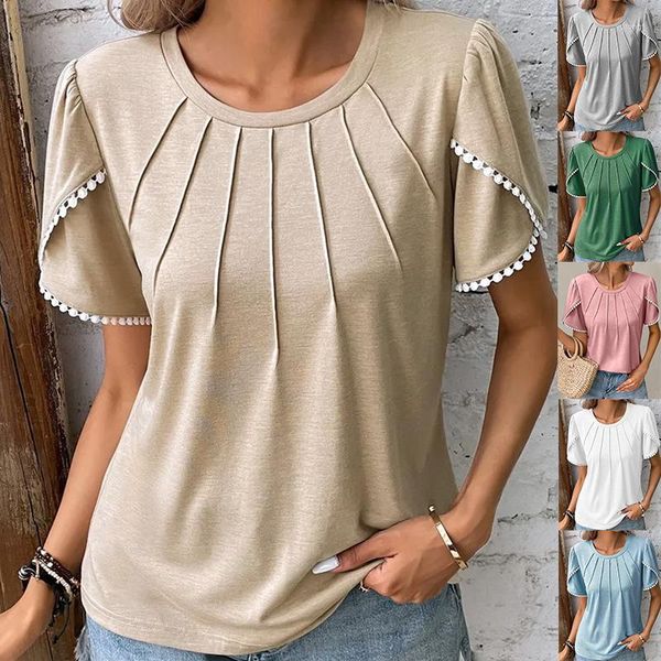 Женские футболки Summer Wish Amazon, модный стиль, с круглым вырезом, однотонная плиссированная кружевная повседневная футболка с короткими рукавами, рубашка