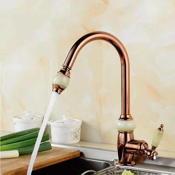 Rubinetti da cucina Rubinetto estraibile girevole in ottone oro rosa a 360 gradi con soffione doccia in giada Miscelatore acqua fredda Rubinetti per lavello Torneira