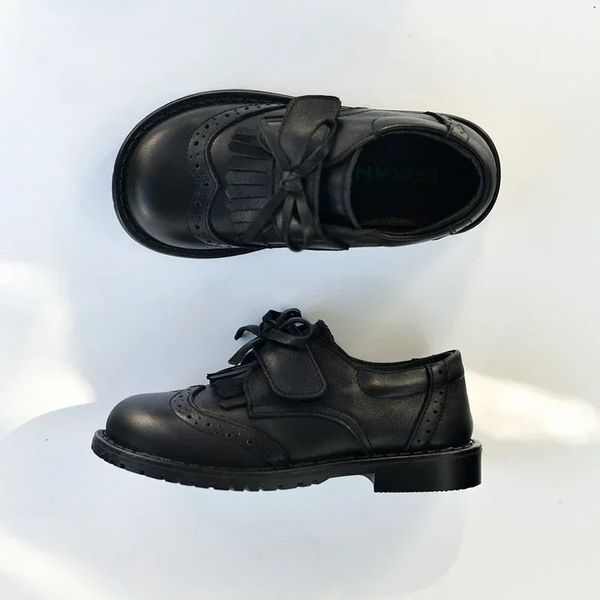 Scarpe da ginnastica per bambini Scarpe per bambini in pelle di vacchetta barocca per ragazze dei ragazzi Vera pelle School Show Flats Classic British Winter Matte Black 231212