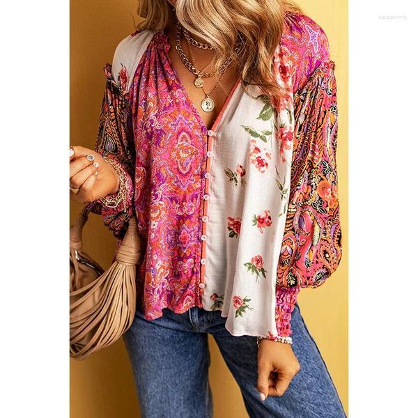 Blusas femininas boho inspirado estampa floral smocked manga longa camisa feminina retalhos botão frontal topos primavera verão camisas para