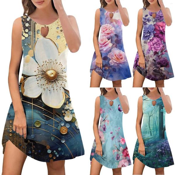 Vestidos casuais verão para mulheres na moda boho floral impressão cobrir tripulação pescoço sem mangas moda sundresses túnica