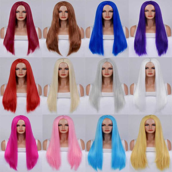 WIG Cadılar Bayramı Wig Cos Renkli Kadınlar Uzun Patlama Orta Uzunluk Düz Saç Baş Bandı