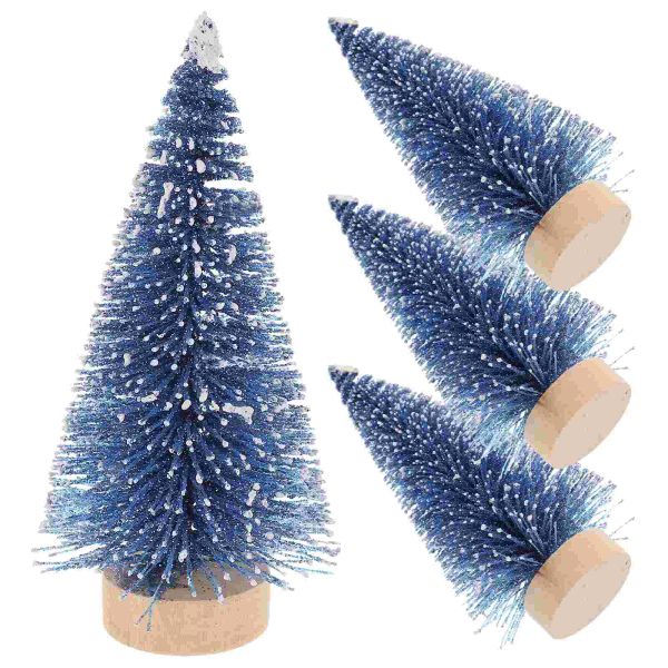 Artificial mini árvores de natal desktop em miniatura pinheiro mesa árvore de natal base de madeira diy artesanato azul