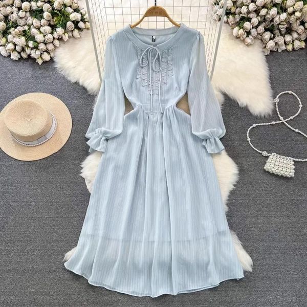 Sıradan Elbiseler Vintage Elbise Kadınlar 2023 Puf Sleeve Düz Renk Vestidos Femenino Kadınlar O boyun parti Sonbahar Bahar Damlası