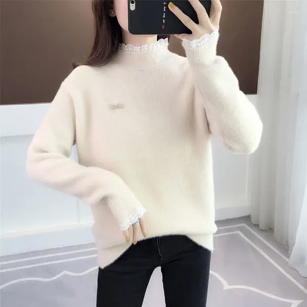 Damenpullover Herbst Winter Halbhoher Kragen Faux Nerz Kaschmir Pullover Frauen Pullover Korean Rollkragen Langarm Tops Weiblich