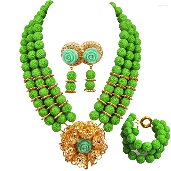 Colar brincos conjunto verde africano artificial coral contas nigeriano casamento nupcial festa 22-11-24D5