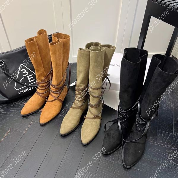 Designer-Damenstiefel von Isabel, Martens Winter-Wildleder-Riemchenleder, klobige Absätze, luxuriöse Desert-Stiefel mit niedrigem Absatz