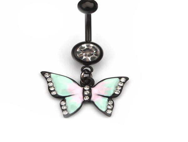 D0765F Butterfly Belly Navel Knopf Ring Klarer Stein mit schwarzem Körper8758696