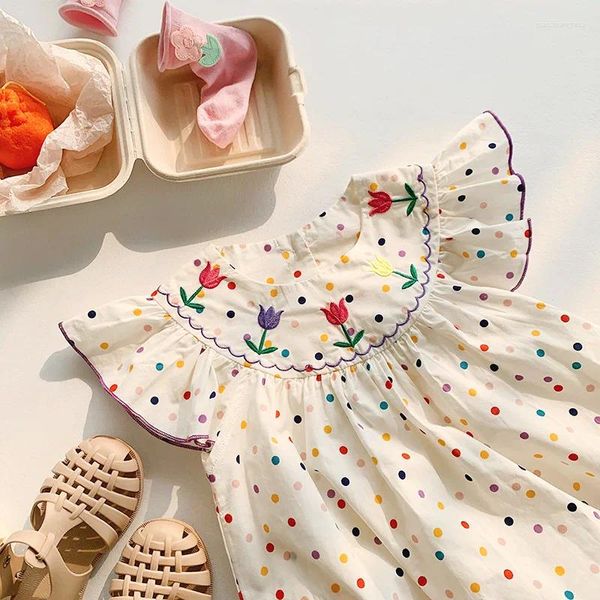 Mädchen Kleider Südkorea Kinder Tragen Farbe Polar Dot Stickerei Mädchen Kleid 2023 Sommer Fliegen Sleeve Süße Prinzessin