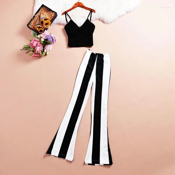 Frauen Zweiteilige Hosen 2023 Sommer Sexy Set Strap V-ausschnitt Ärmelloses Kurzes Tank Top Gestreiften Chiffon Micro Horn Für frauen Mode