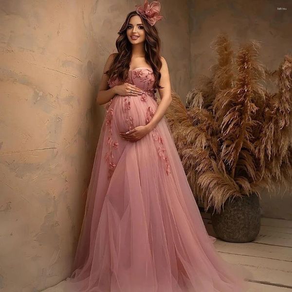 Vestidos casuais elegante rosa querida vestido de maternidade para poshoot lace appliqued tulle babyshower pogal vestidos de mulheres grávidas