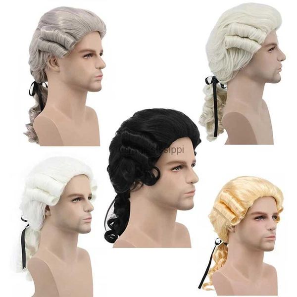 Cosplay perukları gri beyaz siyah avukat yargıç barok kıvırcık erkek kostüm perukları Deluxe Tarihi Cadılar Bayramı Uzun Sentetik Cosplay Wig + WIG CAPL240124