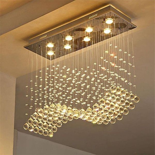 Contemporâneo retângulo de cristal lustre iluminação gota chuva cristais luminária teto onda design montagem embutida para jantar roo296r