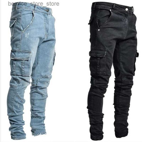 Erkek kot sokak kıyafeti hip hop joggers erkek kot kargo pantolon yüksek kaliteli hip hop biker moda gündelik ince fit denim pantolonlar q231213