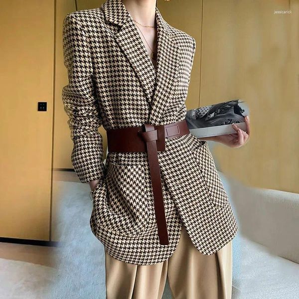 Terno feminino Terras -pano Mulheres elegantes Blazer xadrez de manga longa com casaco de cônjuge de correio Houndstooth MUJER CB032