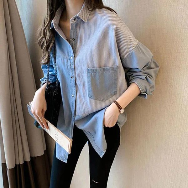 Blusas femininas 2023 cor emendada azul denim camisa feminina assimétrica manga longa solta vintage womens topos moda coreano lazer