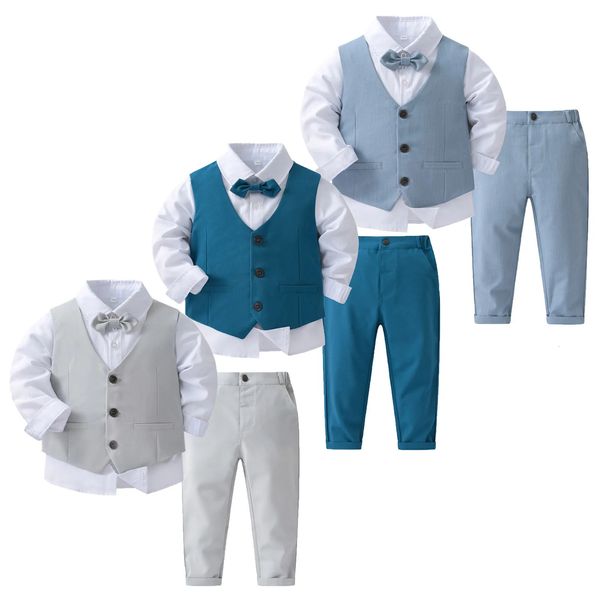 Kleidungssets Fomal Gentleman Junge Smoking Fliege Hemd Anzug Weste Hosen 4 Stück Chic Kleinkind Baby Kleidung Outfit für Taufe Geburtstag 231211