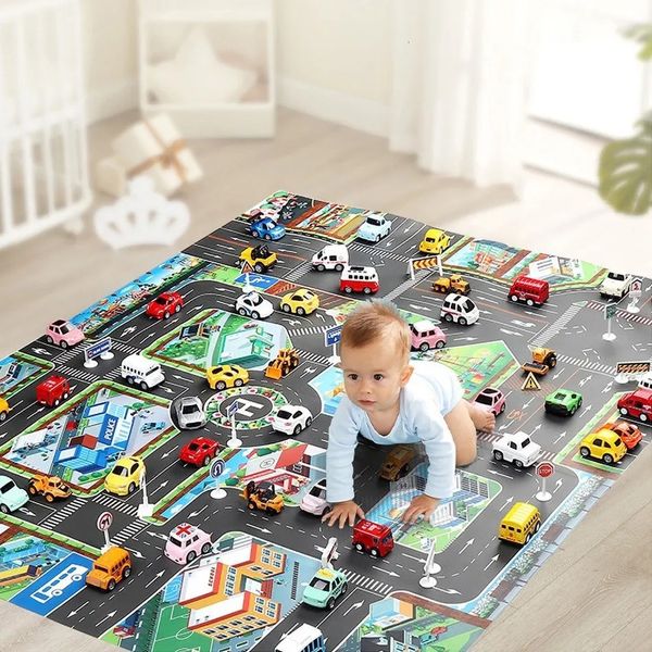 Tapetes de jogo 130 * 100cm Bebê rastejando tapete para crianças desenhos animados tapete de trânsito brinquedos internos cidade estrada tapete crianças jogo menina e menino playmat 231212